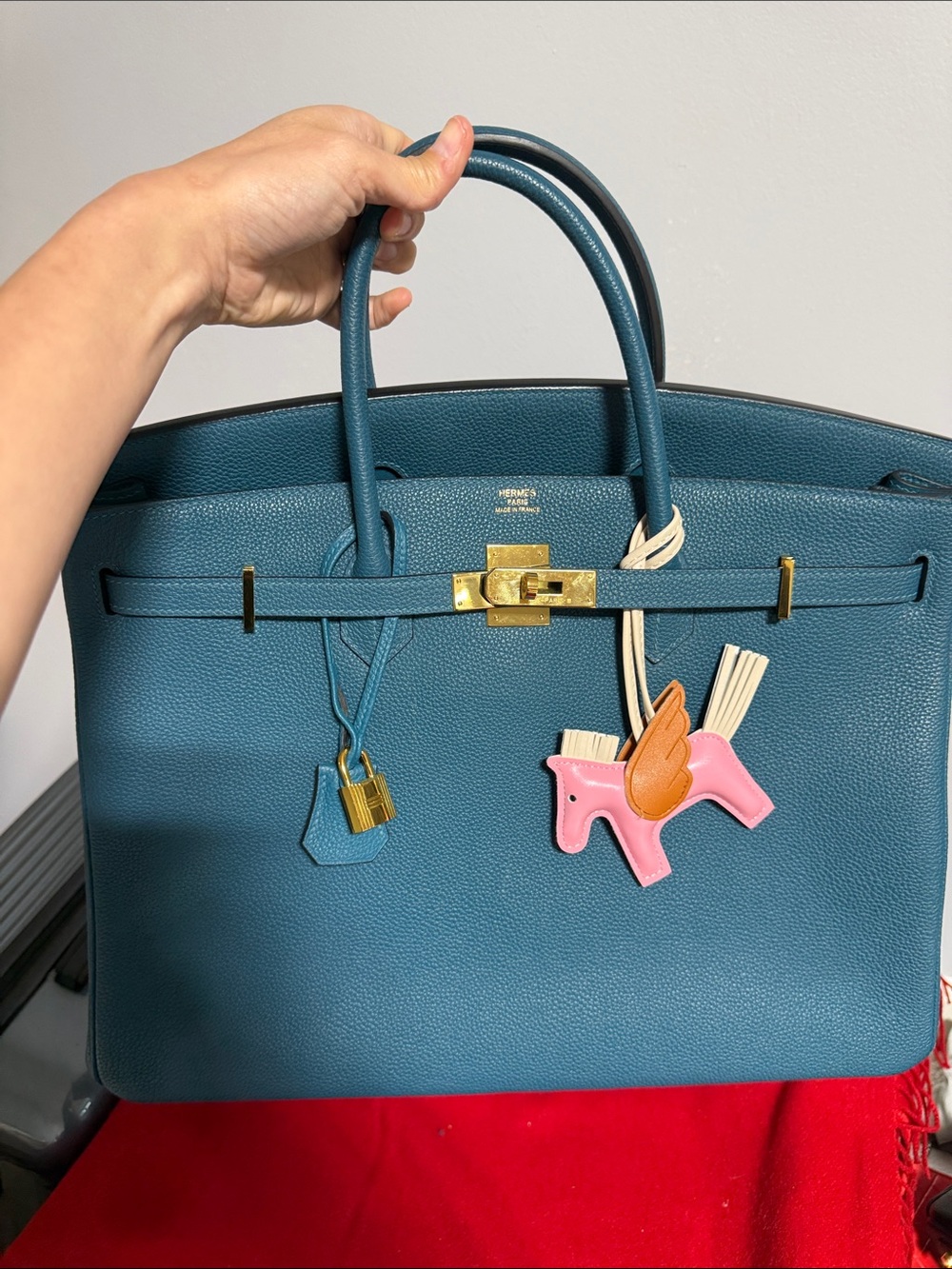 Size 40 Teal Leather Structured Top-Handle Bag with Gold Hardware - Picture 10 of 10